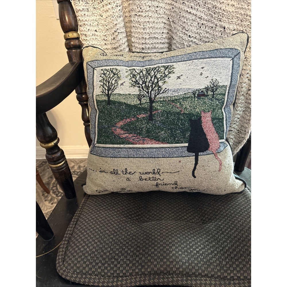 D. Morgan 1990 Vintage Tapestry Cat/ Friendship Pillow 16" X 16"